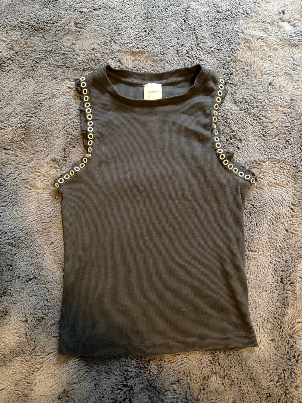 Maeve Black Ribbed Tank with Silver Eyelet Trim